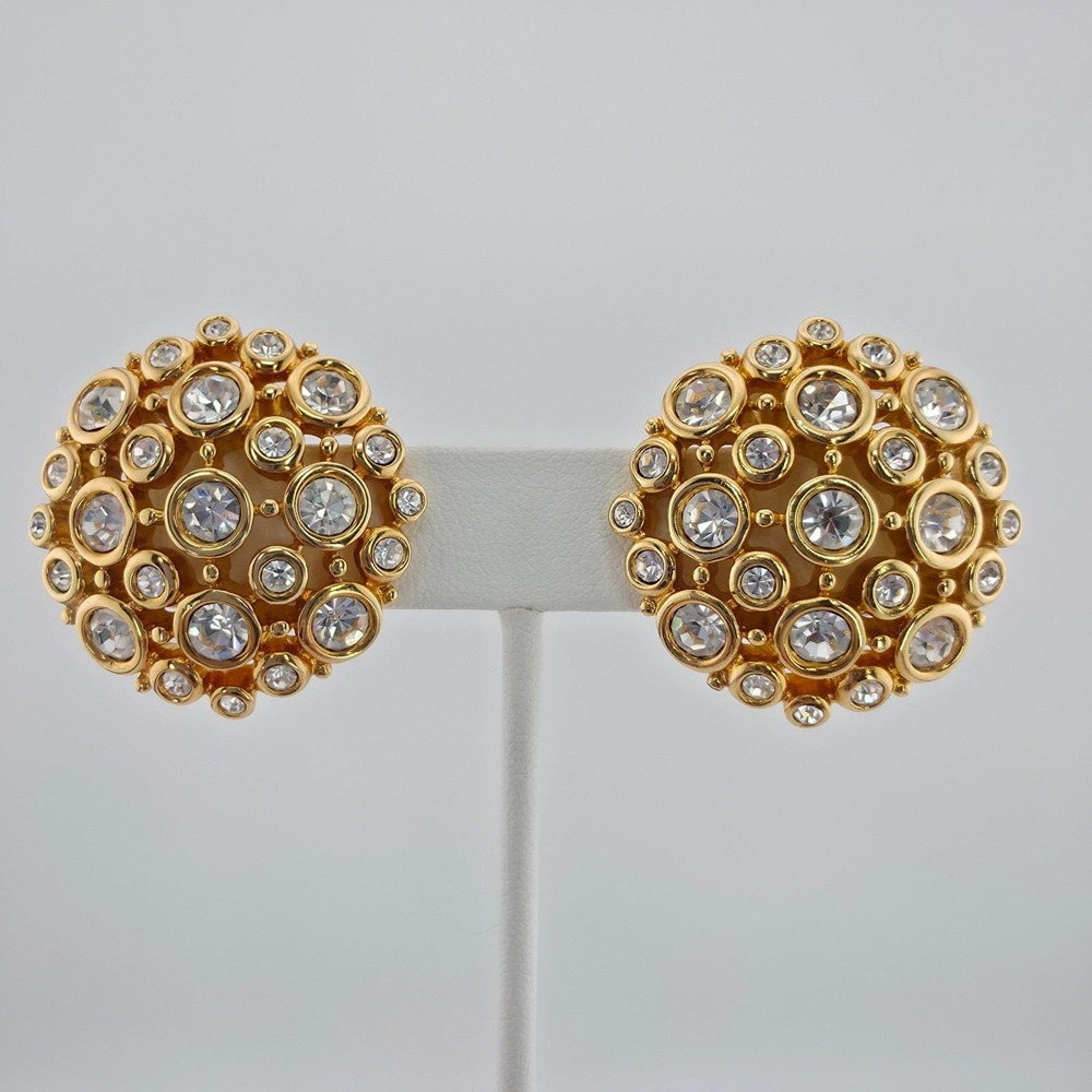Vtg SWAROVSKI Clip-On Earrings Honey Comb Cluster Crystals Domed Gold Plate - Picture 7 of 11